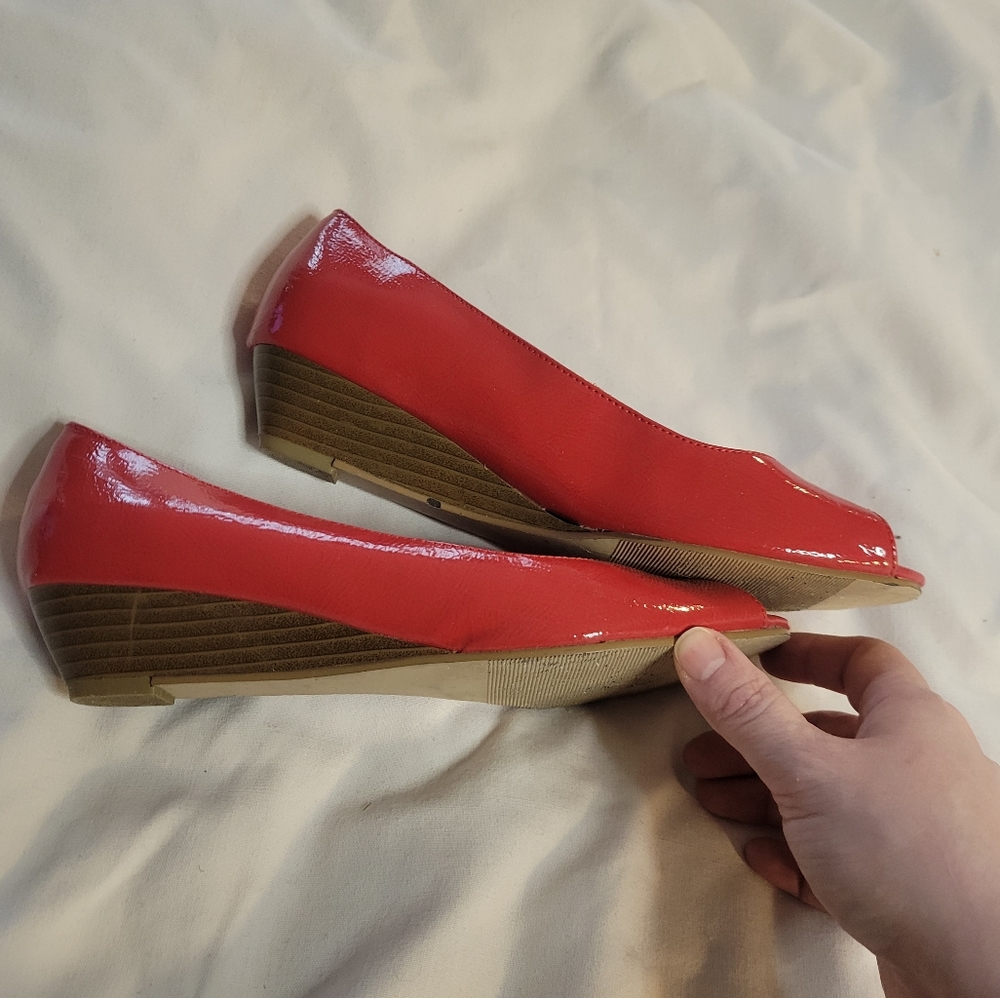 Red Pattent Open Toe Red Wedges